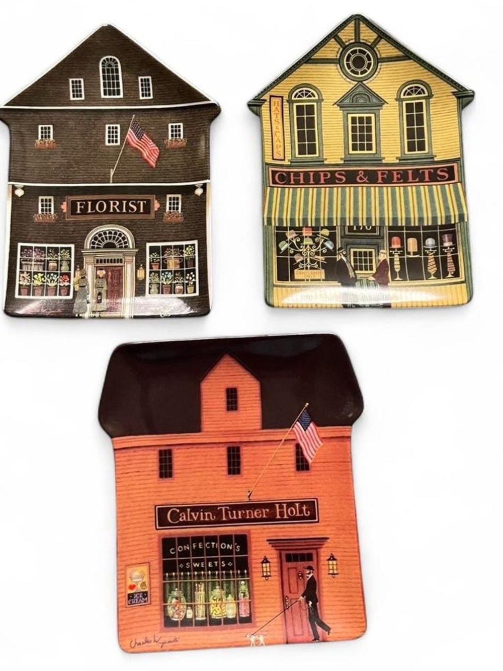Charles Wysocki Folktown Decorative House Ceramic Trays Plate Set of 3 Vintage